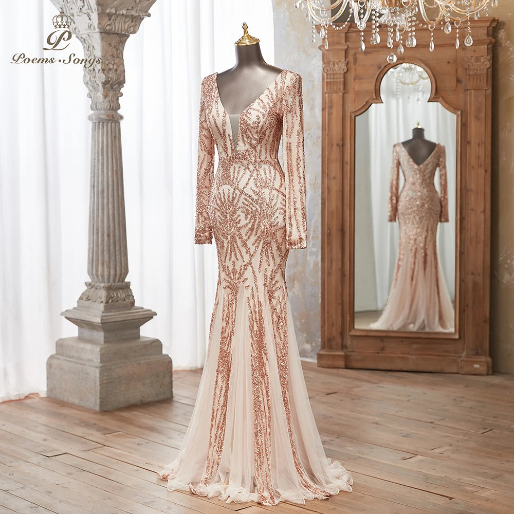 Luxurious Dark green Long Sleeve Sequin Gown Deep V-Neck Embellished Pattern Mermaid Formal Dress Elegant Evening Special Events