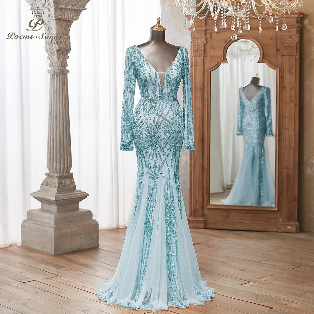 Luxurious Dark green Long Sleeve Sequin Gown Deep V-Neck Embellished Pattern Mermaid Formal Dress Elegant Evening Special Events