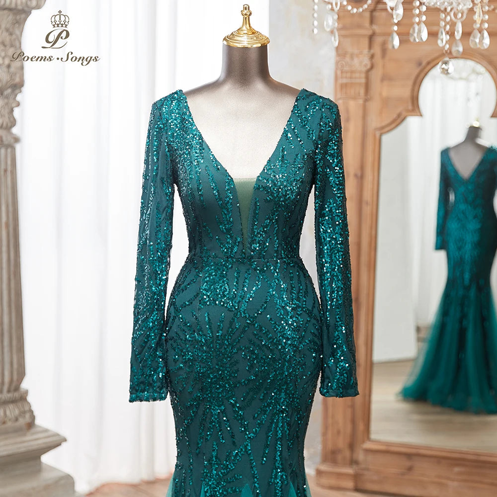 Luxurious Dark green Long Sleeve Sequin Gown Deep V-Neck Embellished Pattern Mermaid Formal Dress Elegant Evening Special Events