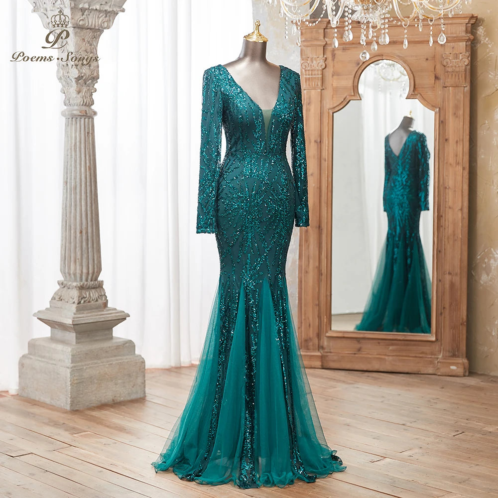 Luxurious Dark green Long Sleeve Sequin Gown Deep V-Neck Embellished Pattern Mermaid Formal Dress Elegant Evening Special Events