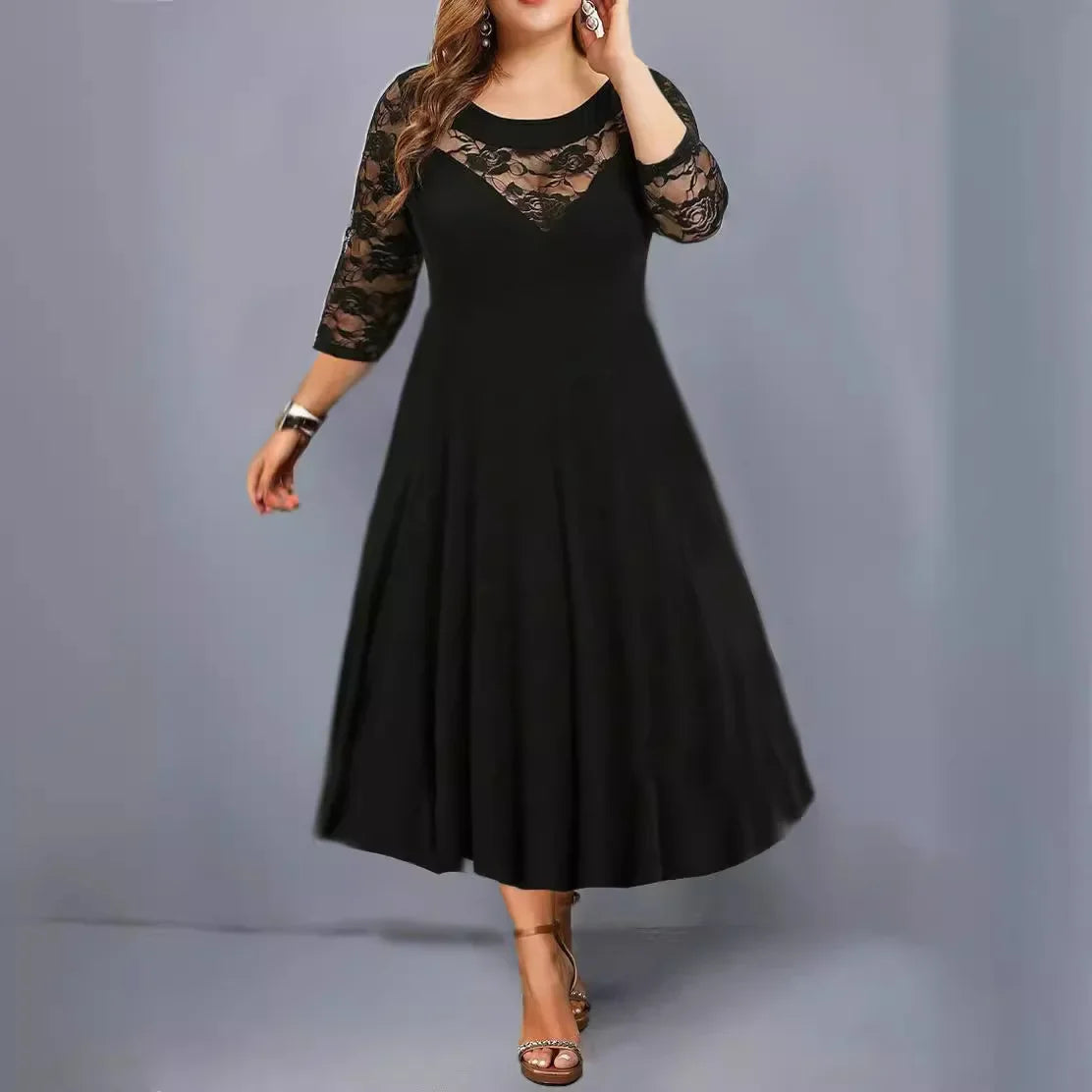 Plus Size Large Size Women's round Neck Lace Splice Seven-Quarter Sleeve Maxi Dress Elegant Flared Skirt Design Comfortable F...