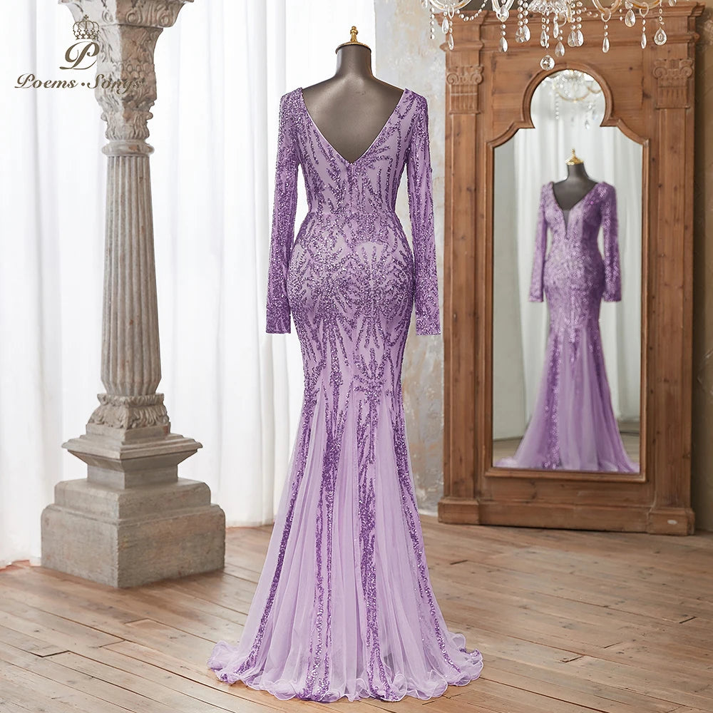 Luxurious Dark green Long Sleeve Sequin Gown Deep V-Neck Embellished Pattern Mermaid Formal Dress Elegant Evening Special Events