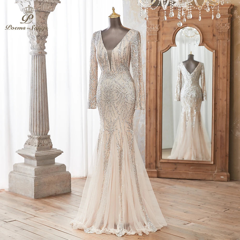 Luxurious Dark green Long Sleeve Sequin Gown Deep V-Neck Embellished Pattern Mermaid Formal Dress Elegant Evening Special Events