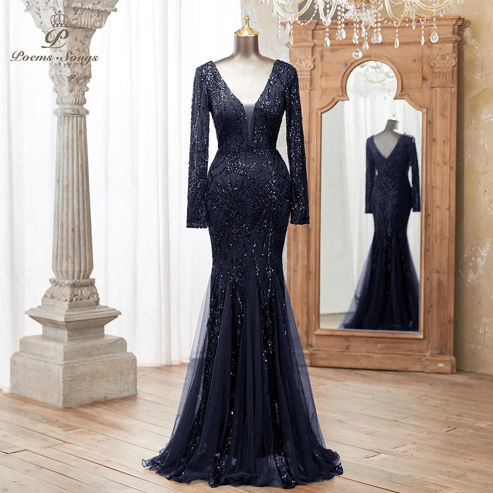 Luxurious Dark green Long Sleeve Sequin Gown Deep V-Neck Embellished Pattern Mermaid Formal Dress Elegant Evening Special Events