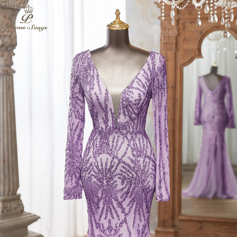 Luxurious Dark green Long Sleeve Sequin Gown Deep V-Neck Embellished Pattern Mermaid Formal Dress Elegant Evening Special Events