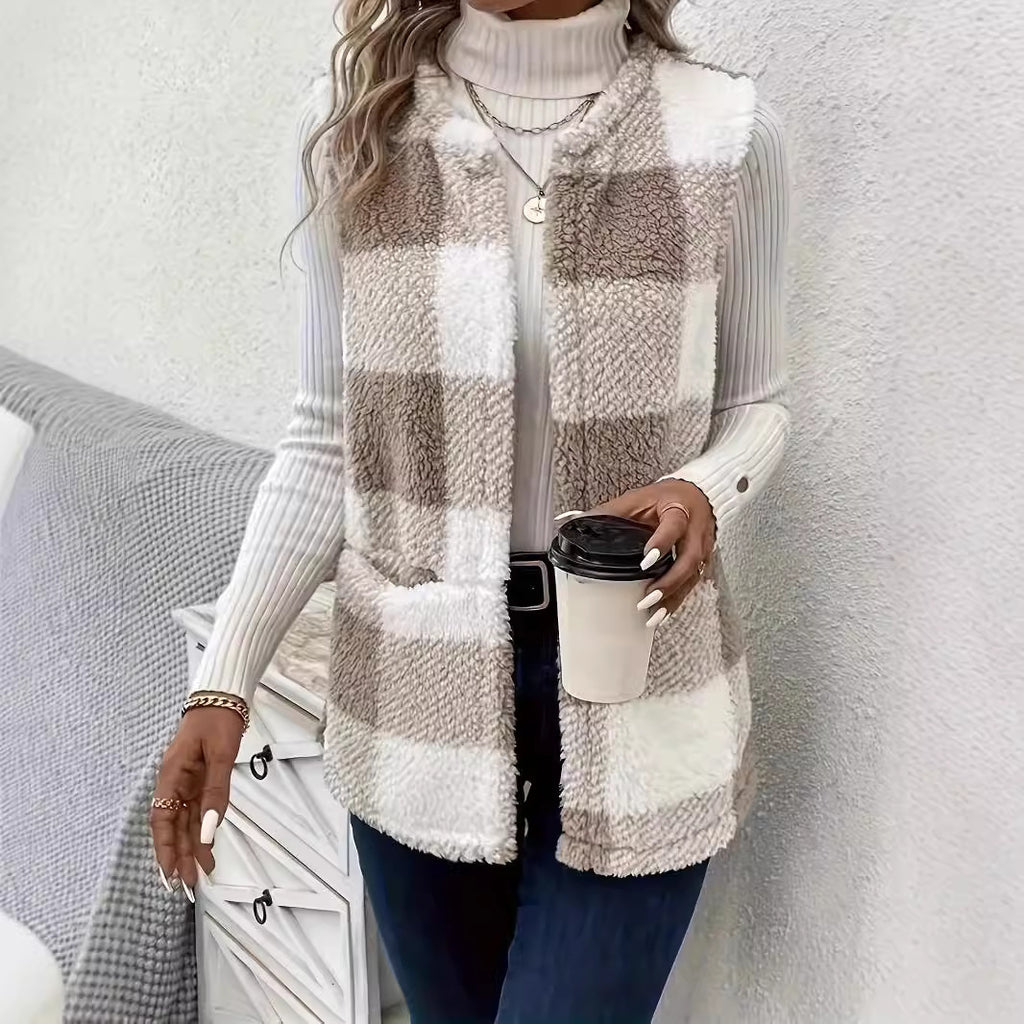 Fashion Casual Pocket Plush Plaid Vest Top