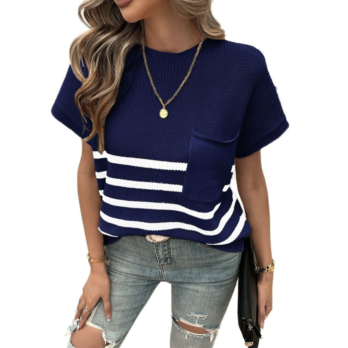 Women's Temperament Leisure Commute Style Printed Striped Pocket Sweater With Short Sleeves